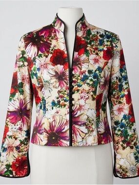 Vintage 100% Silk Floral Jacket Mandarin Collar Lined Y2K Statement Eveningwear